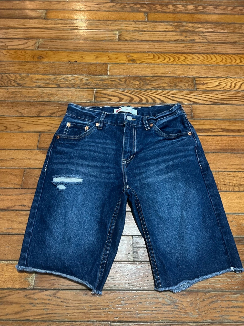 Dark Wash Distressed Denim Bermuda Shorts